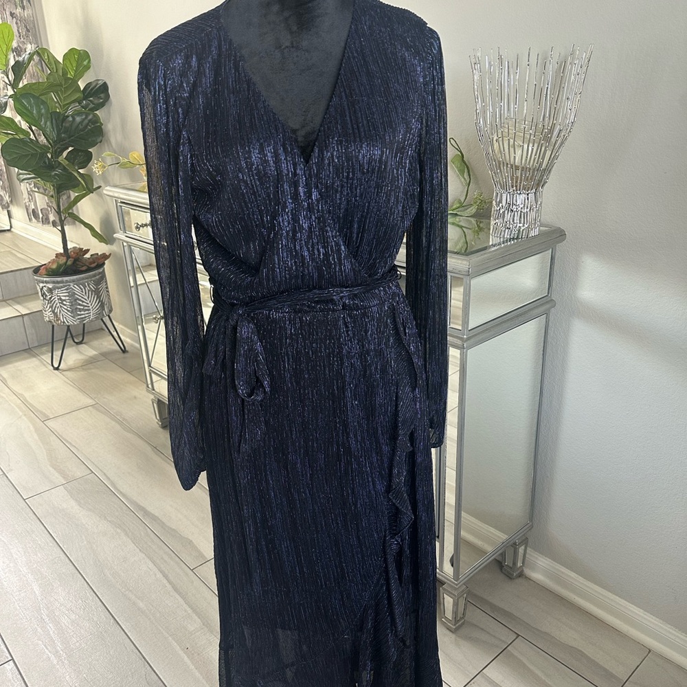 Kensie Shimmery Navy Wrap Dress with Tie Waist